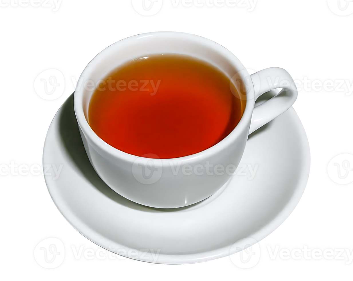 White teacup filled with amber tea on matching saucer perfect for cozy settings with transparent background png