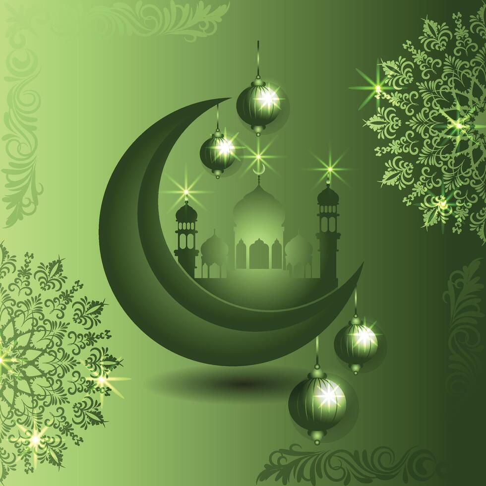 Eid Mubarak background design . Green gradient color mandala, mosque and moon. vector