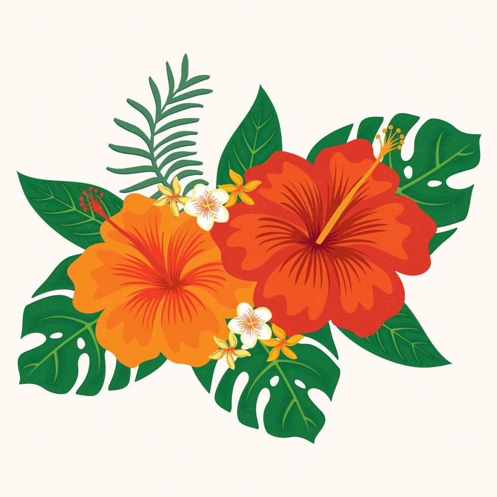 Tropical flowers. Hibiscus, paradise flowers. exotic, tropical. card with floral illustration. Bouquet of flowers with exotic Leaf isolated on white background. vector