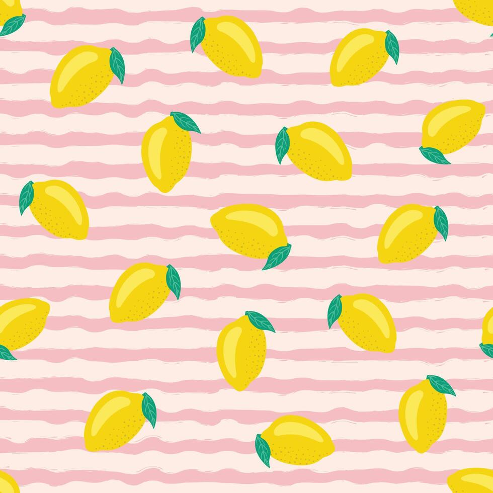 Cute design of fresh lemons and leaves on Pink and white stripes. seamless pattern of lemons and lines. background for wallpaper, wrapping paper design textile and fabric texture prints vector