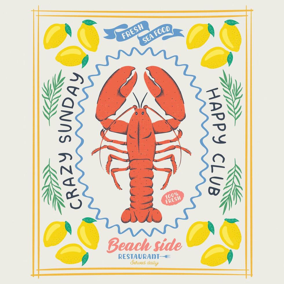 Lobster Seafood Fish vintage artwork. Lemon, Stay salty. Lobster fish artwork for t shirt print , poster and other uses. vector