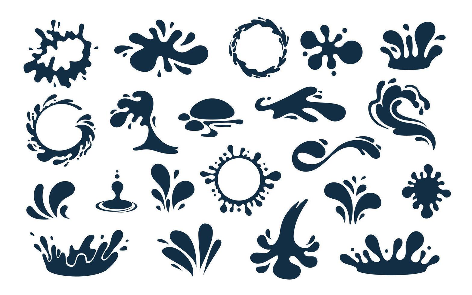 Silhouette Water splash. Ink drops, black liquid shapes, falling watering, paint spill, spray, tears, wet circle ripples. Set water symbols and water objects. vector