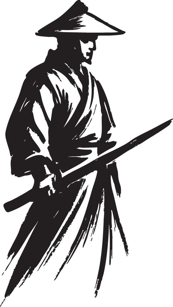 A black and white drawing of a samurai with a sword vector