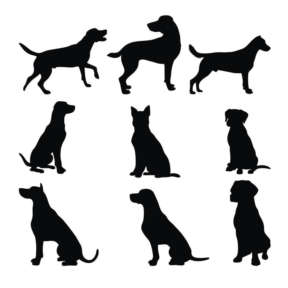 Black silhouettes of various dog breeds form a diverse animal collection, ideal as pet illustrations or icons vector