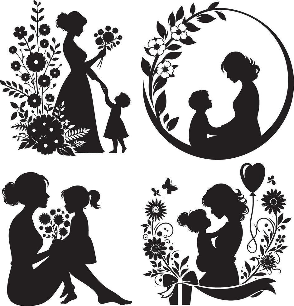 Mother's Day Black White Silhouette Style Design. vector