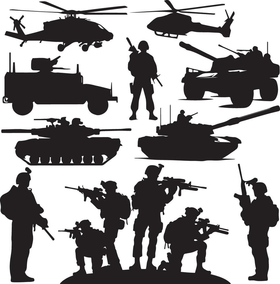 Military Instruments Silhouette Design Set. vector