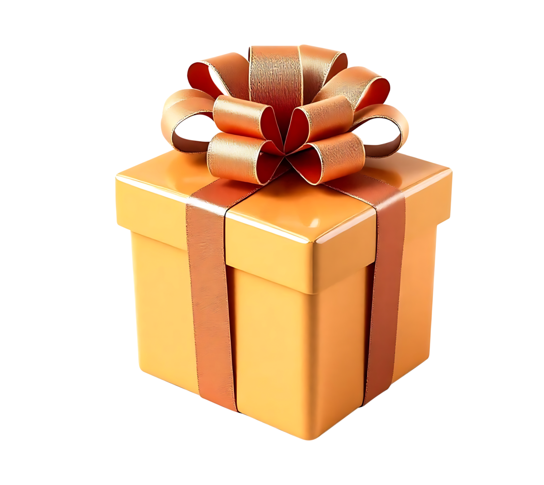 A wrapped gift box with glossy yellow paper shiny orange and gold bow for special occasions png