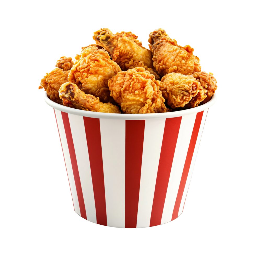 Bucket of crispy fried chicken pieces in red and white striped container, isolated on transparent background png