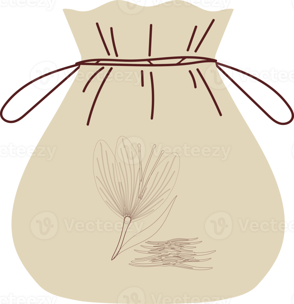 This image shows a simple beige spice bag decorated with a saffron plant design and tied with brown twine. png