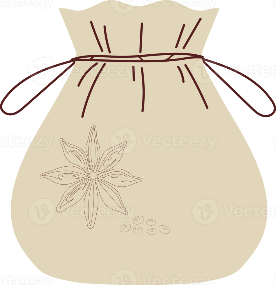 This image shows a simple beige spice bag decorated with a anise plant and tied with brown twine. png