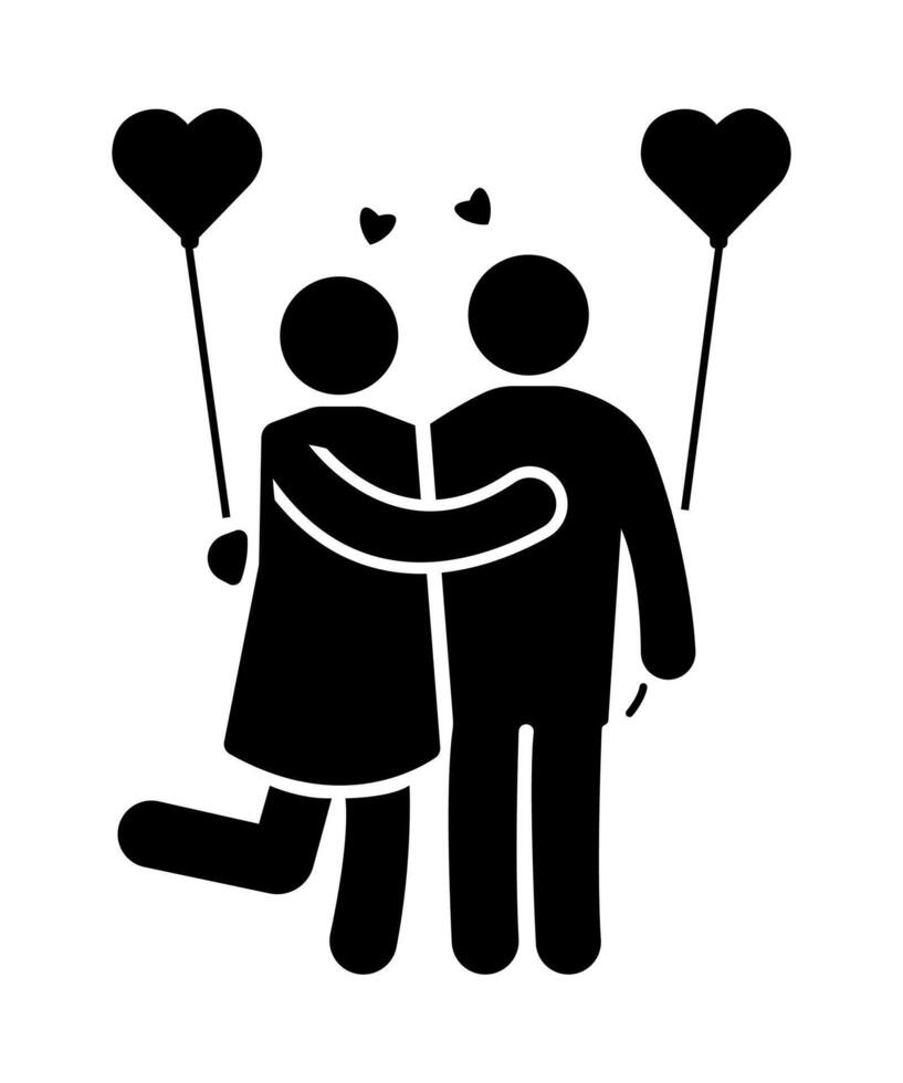 stickman couple in love with love balloons. Stick figure cartoon people pictogram. vector