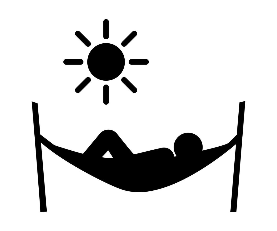 Stickman lying in hammock relaxing under the sun. cartoon pictogram illustration. vector