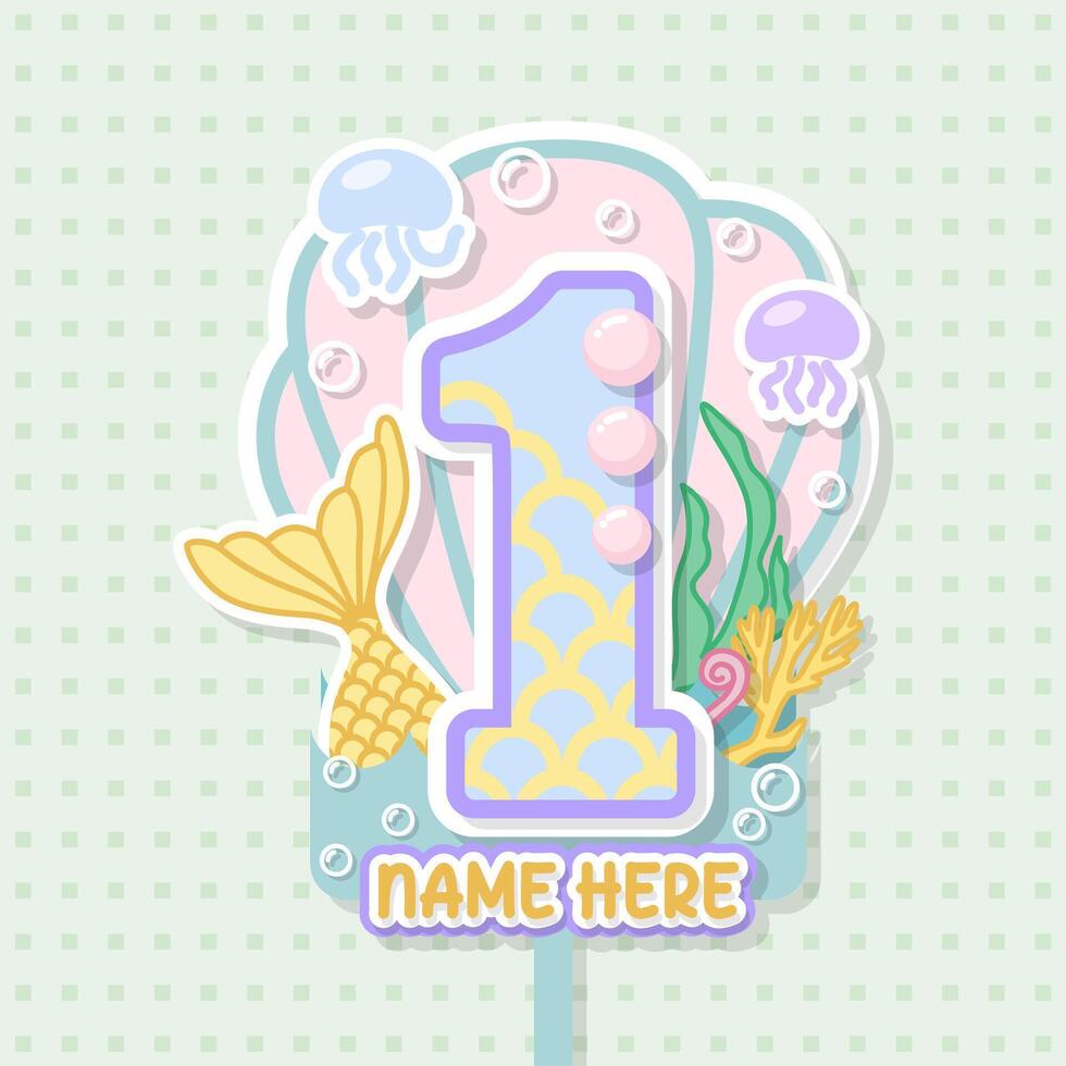 cute pastel mermaid cake topper design for birthday element vector