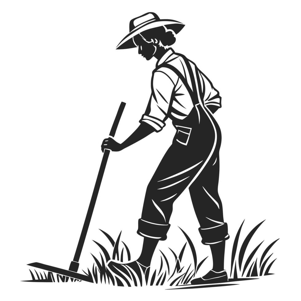 Black and white illustration of a female farmer raking grass in field vector