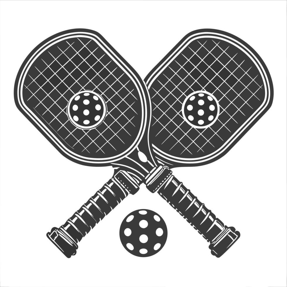 Crossed pickleball paddles with balls in monochrome style illustration for design vector