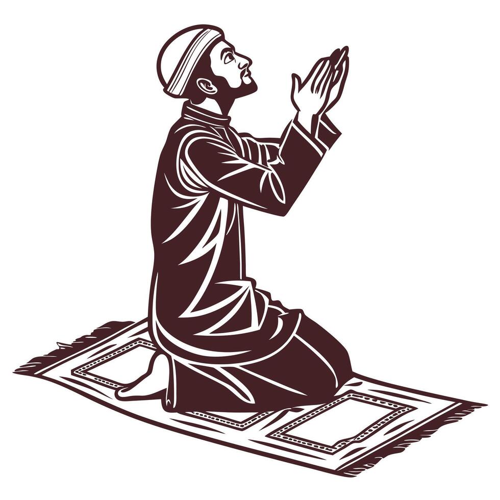 Muslim man praying on prayer rug in traditional garb illustration vector