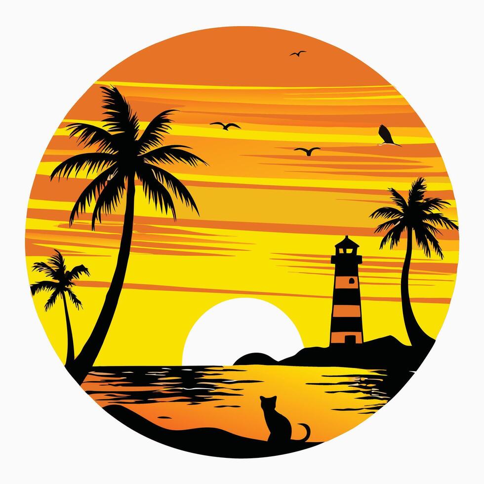 Silhouette tropical island sunset scene with lighthouse and palm trees vector