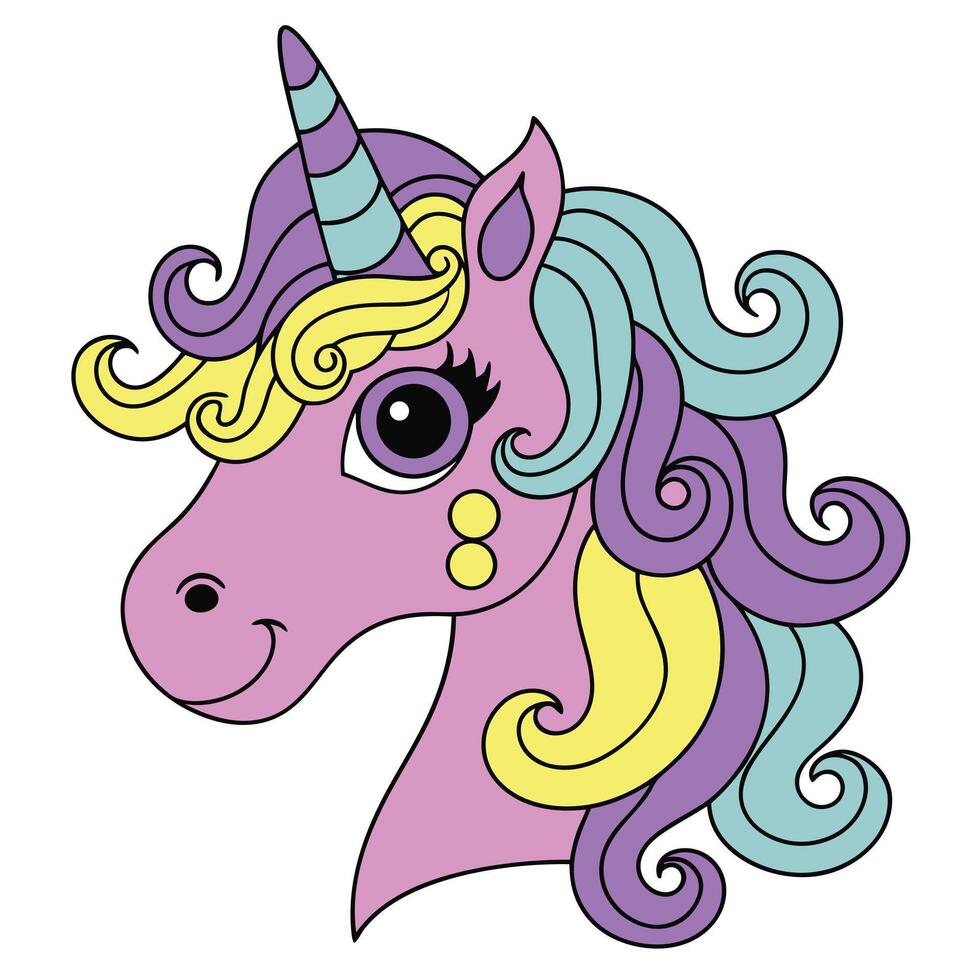 Cute cartoon unicorn head illustration in pastel colors on white vector