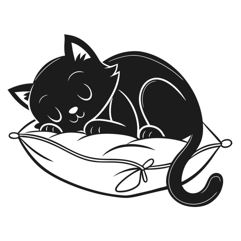 Cute black cat sleeping peacefully on a pillow illustration vector