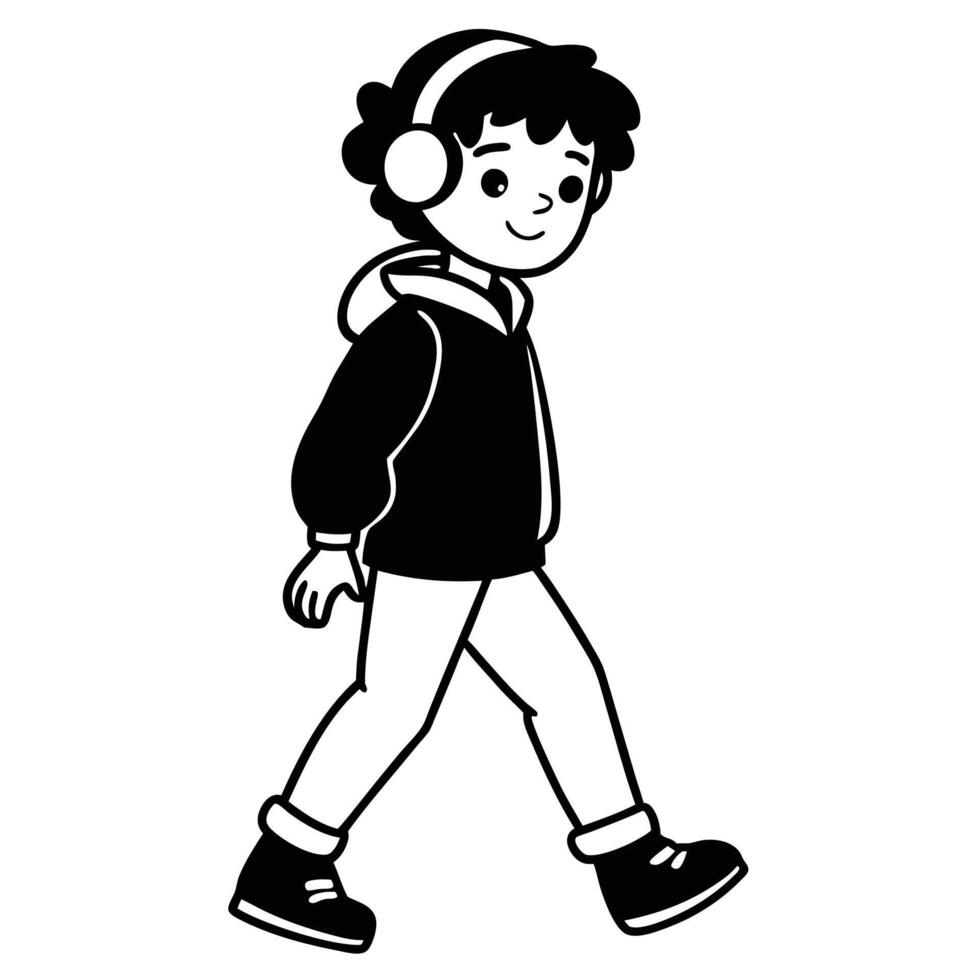Walking boy with headphones listening music in monochrome outline style vector