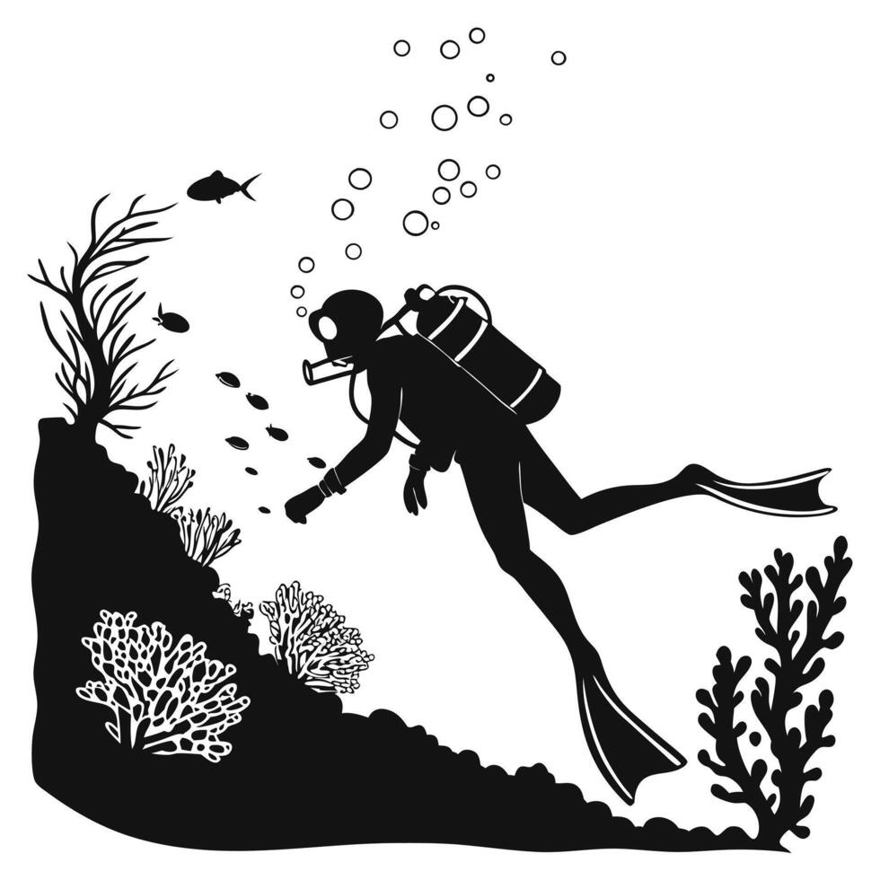Silhouette diver exploring coral reef underwater with fish and bubbles vector