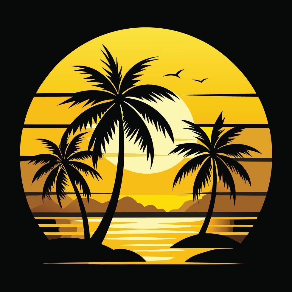 Golden sunset with palm trees silhouette tropical vacation paradise scene vector