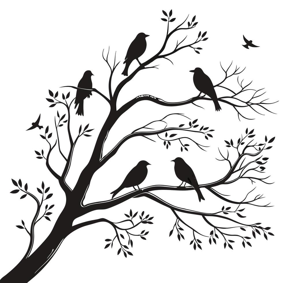 Birds on tree branches silhouette illustration on white background vector
