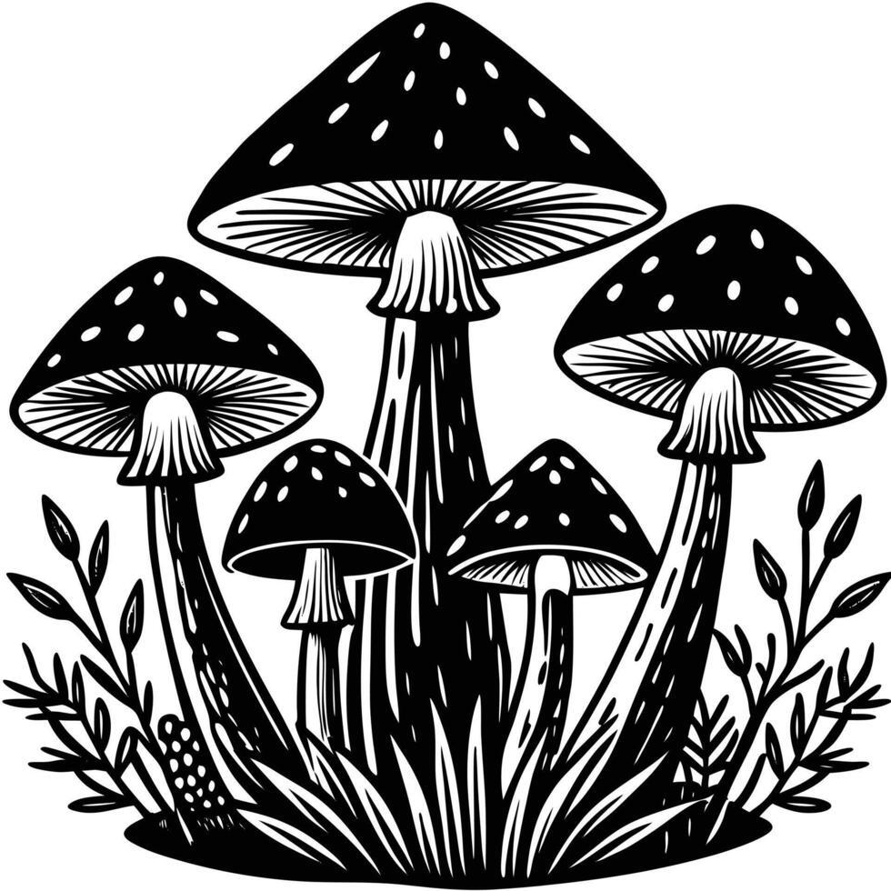 Detailed black and white mushroom illustration with foliage for graphic design projects vector