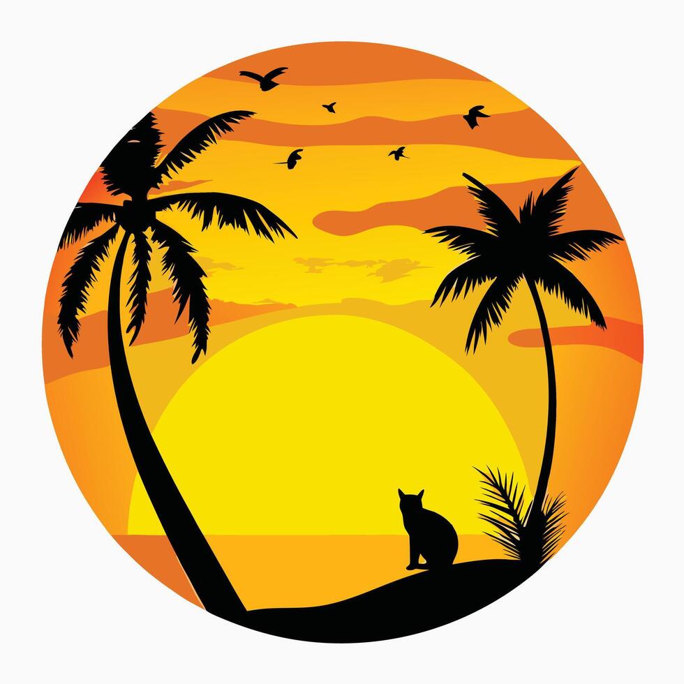 Tropical island sunset with palm trees and cat silhouette vector