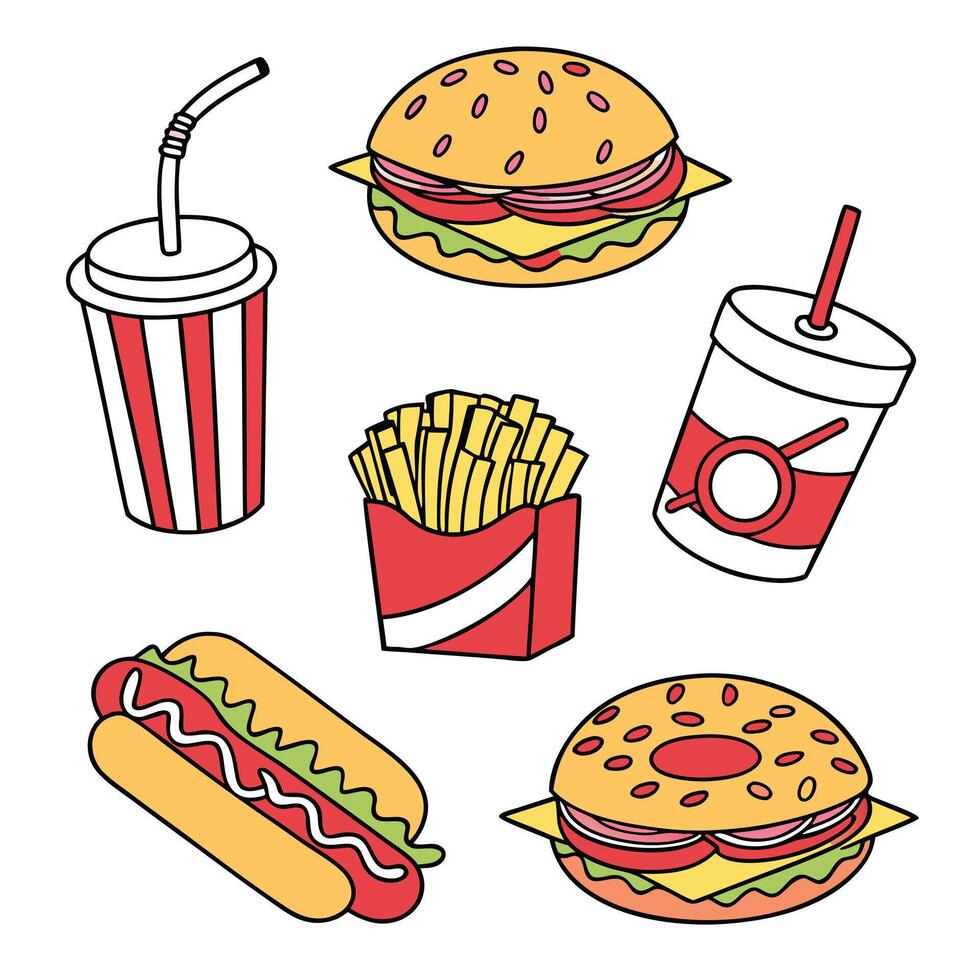 Doodle style fast food meal illustration with burger hotdog and drinks vector