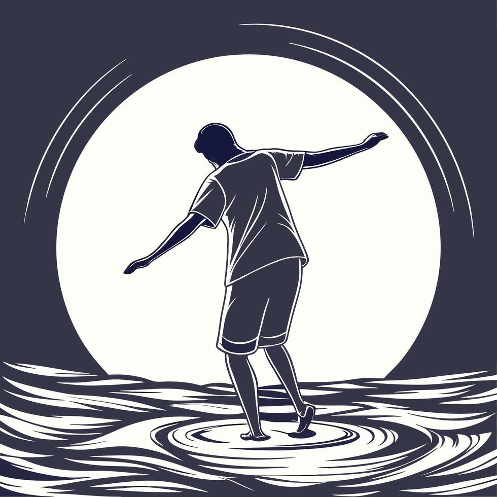 Man walking on water with arms outstretched against a lunar backdrop vector
