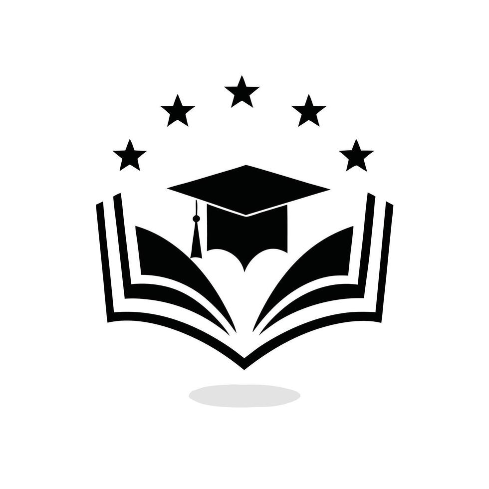 Graduation cap on open book symbol with stars above vector