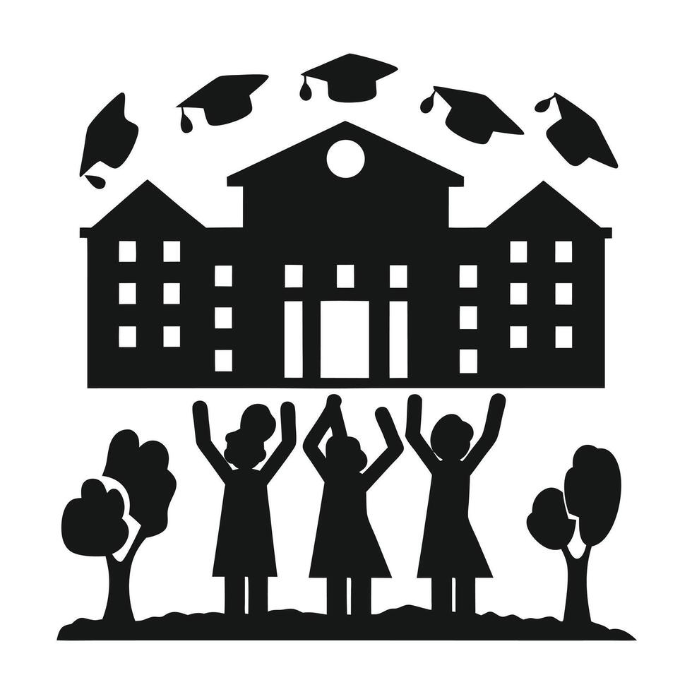 Graduation celebration with silhouette students celebrating achievement in front of university building vector