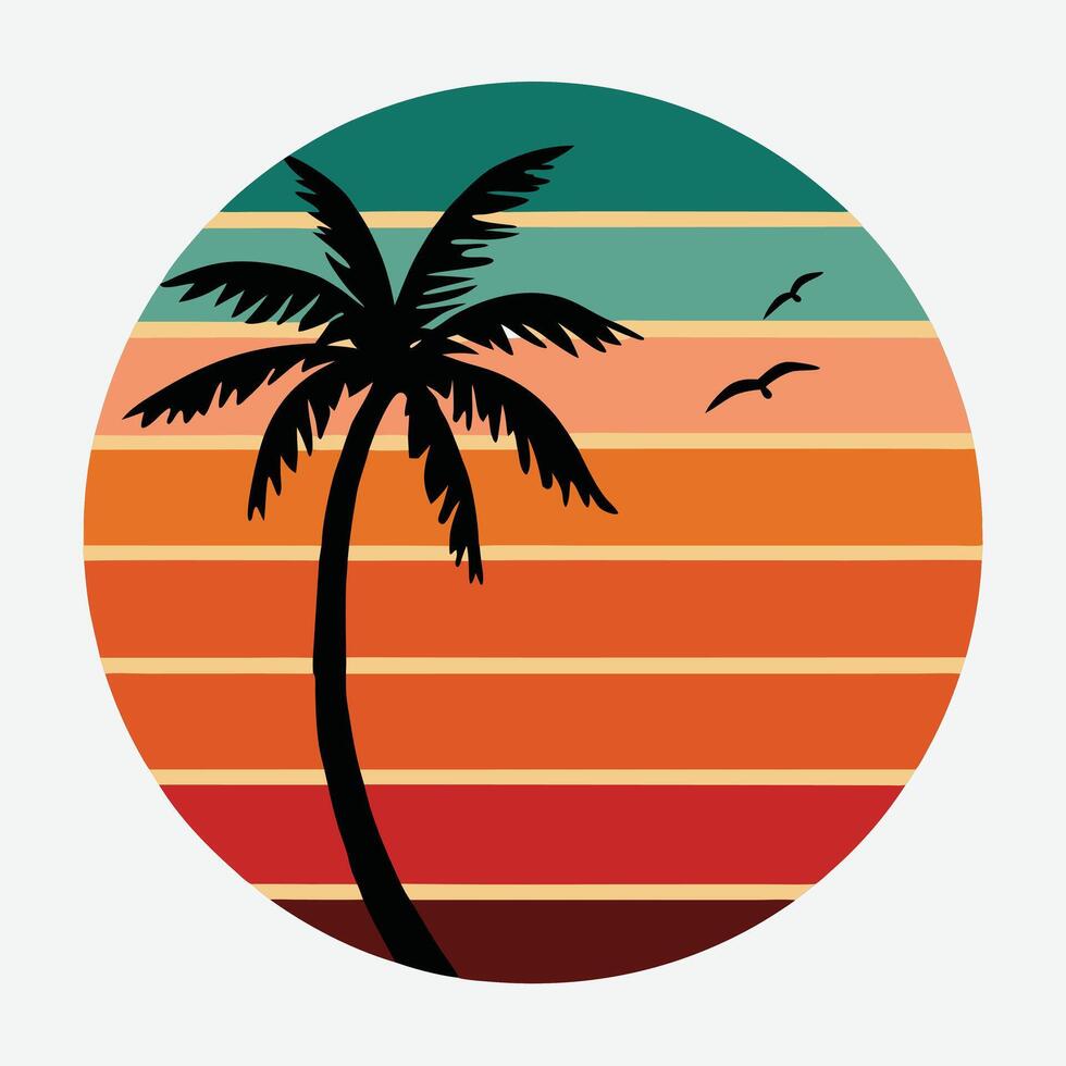 Retro palm tree silhouette with sunset and birds illustration vector