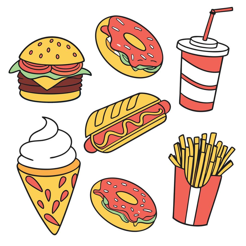Assorted fast food illustration with burger hotdog and desserts vector