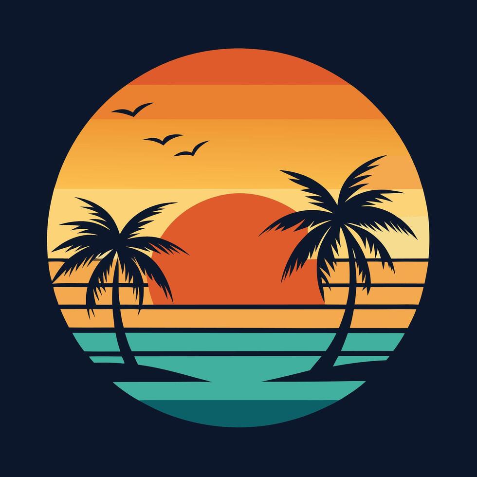Retro tropical sunset with palm trees and birds graphic illustration vector