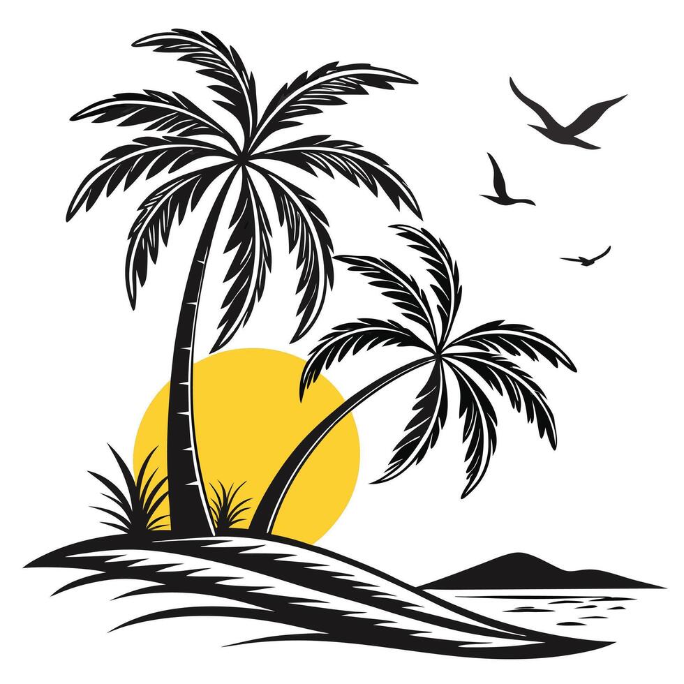 Tropical island silhouette with palm trees birds and sunset illustration vector