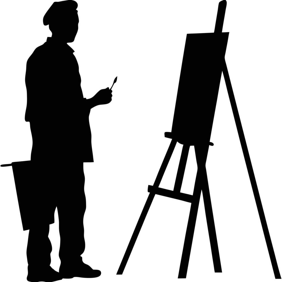 Artist silhouette painting on easel with brush in hand creativity concept vector