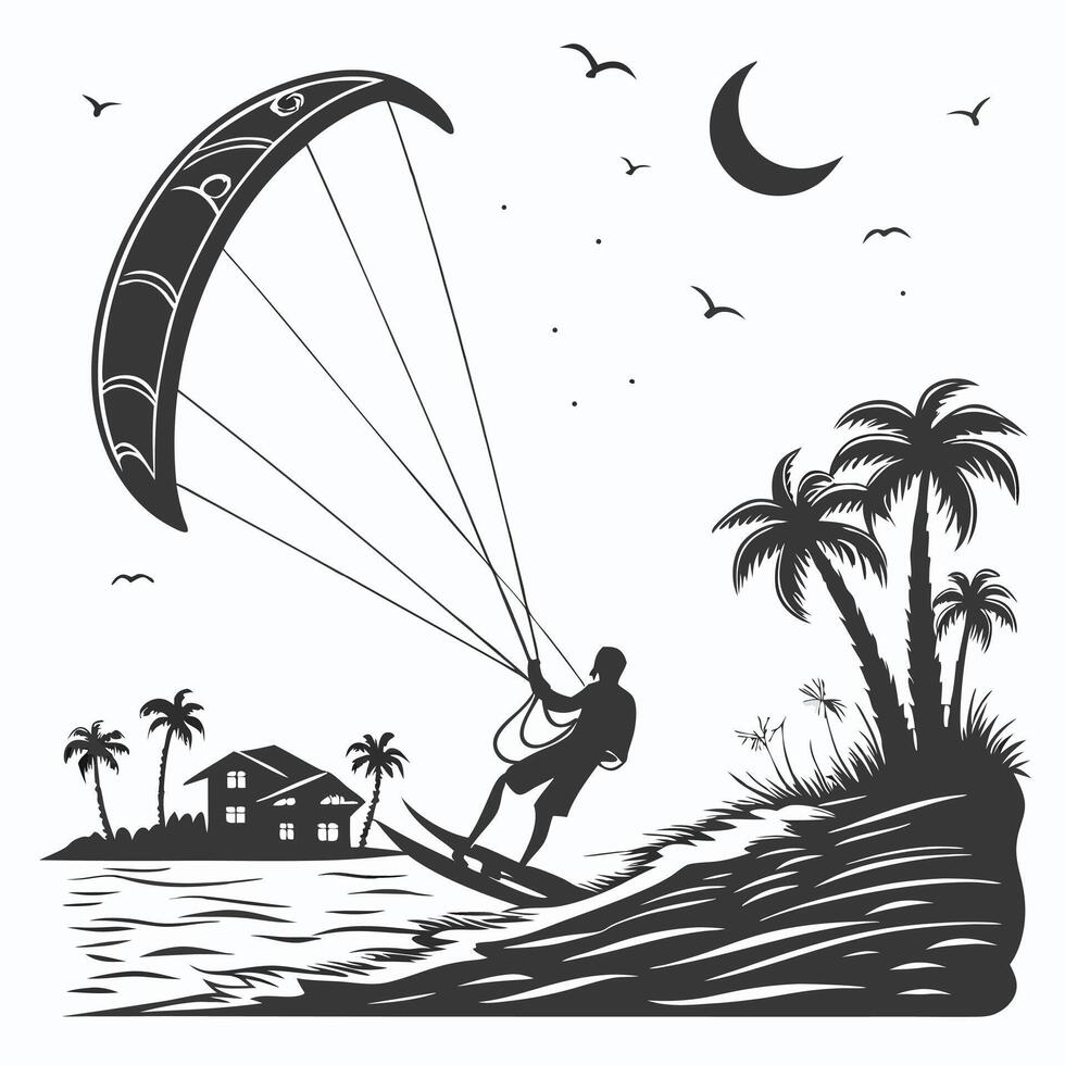Kitesurfer at night silhouette tropical coastline palm trees ocean adventure vector