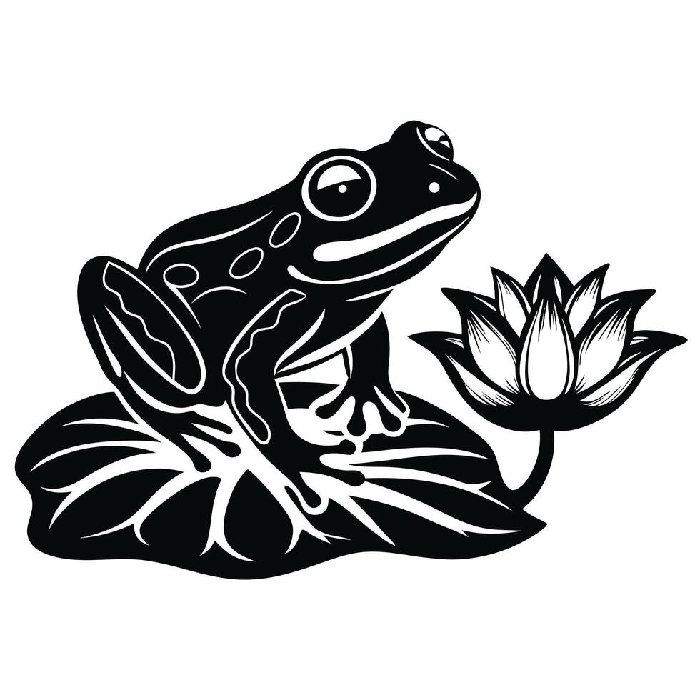 graphic illustration of frog sitting on lily pad with flower vector