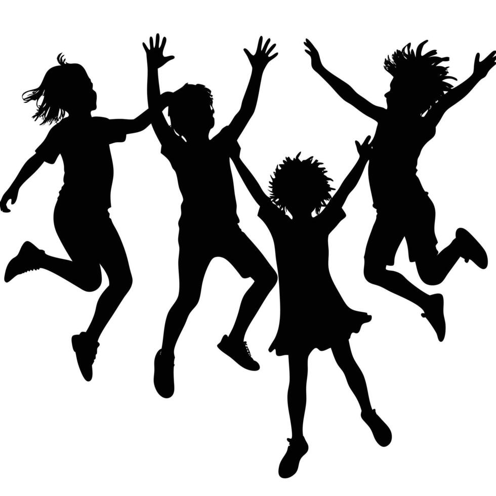 Group of energetic children jumping and celebrating in silhouette style illustration vector