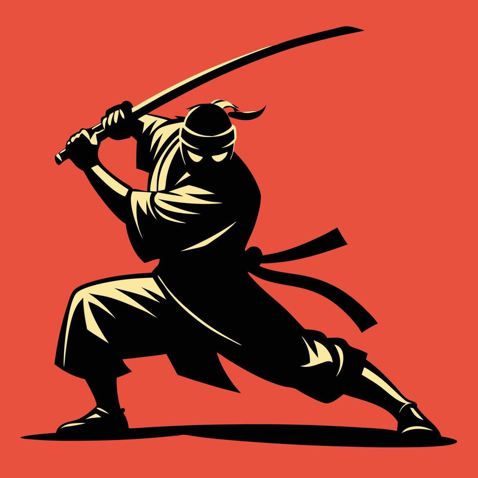Stealthy ninja warrior silhouette with katana sword on red background vector