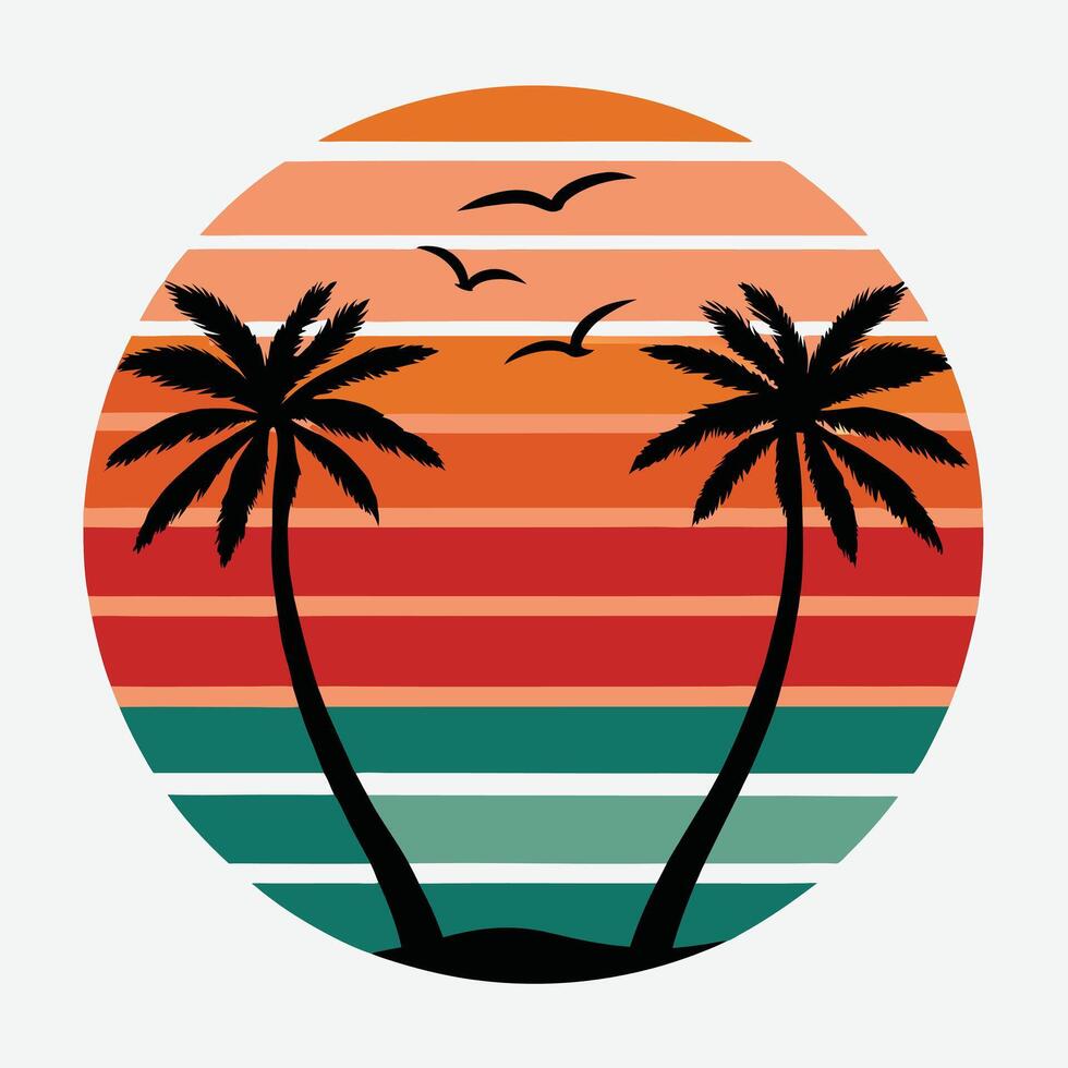Retro sunset circle with palm trees and birds silhouette illustration vector