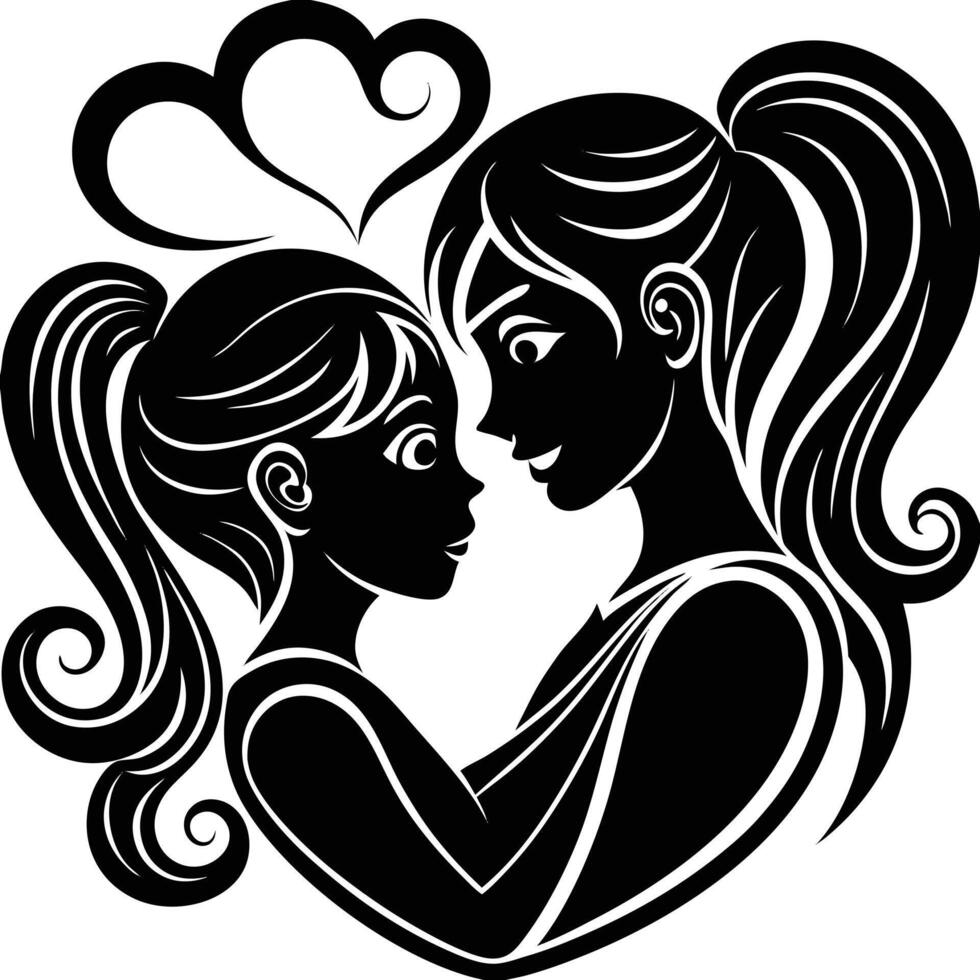 illustration of mother and daughter hugging with love in black and white vector