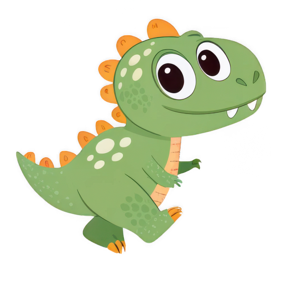 A cheerful green dinosaur playfully strides forward, showcasing adorable large eyes and a charmingly toothy grin in a vibrant cartoon style. png