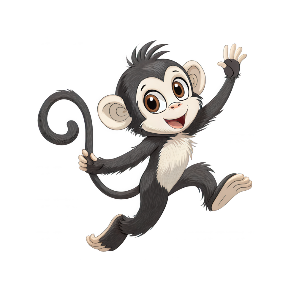 A playful monkey joyfully leaps and waves hello, a spirited cartoon with fluffy fur and bright eyes. png