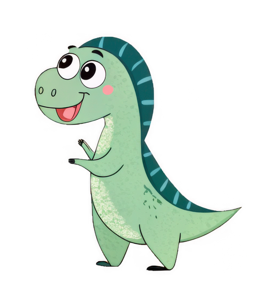 A cheerful, friendly dinosaur with big, expressive eyes joyfully greets the day, showcasing a charming, whimsical illustration style with soft pastel greens and blues. png