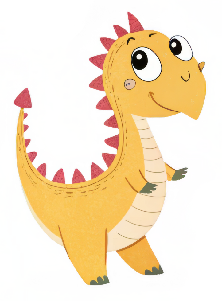 A cheerful, friendly yellow dinosaur with rosy red spines, a playful smile, and big, curious eyes, standing proudly in a charming illustration. png