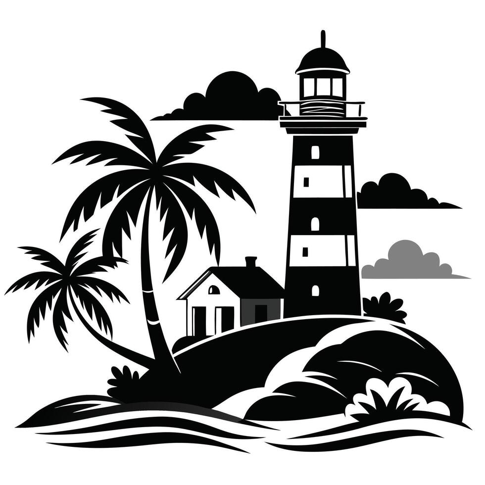 Black and white tropical island scene with lighthouse and palm trees vector