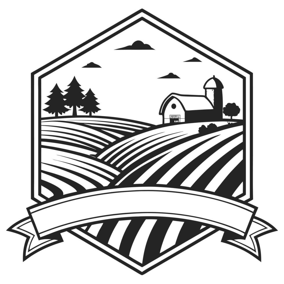 Black and white farm landscape with barn silo and rolling fields vector